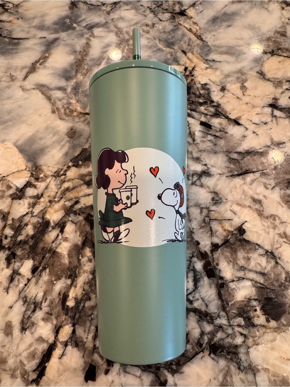 New Starbucks Peanuts Snoopy & Lucy Green Reusable Tumbler w/ Straw